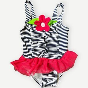 Koala Kids Baby Girls One Piece Flower Appliqué Striped Bathing Suit. 18 Months.